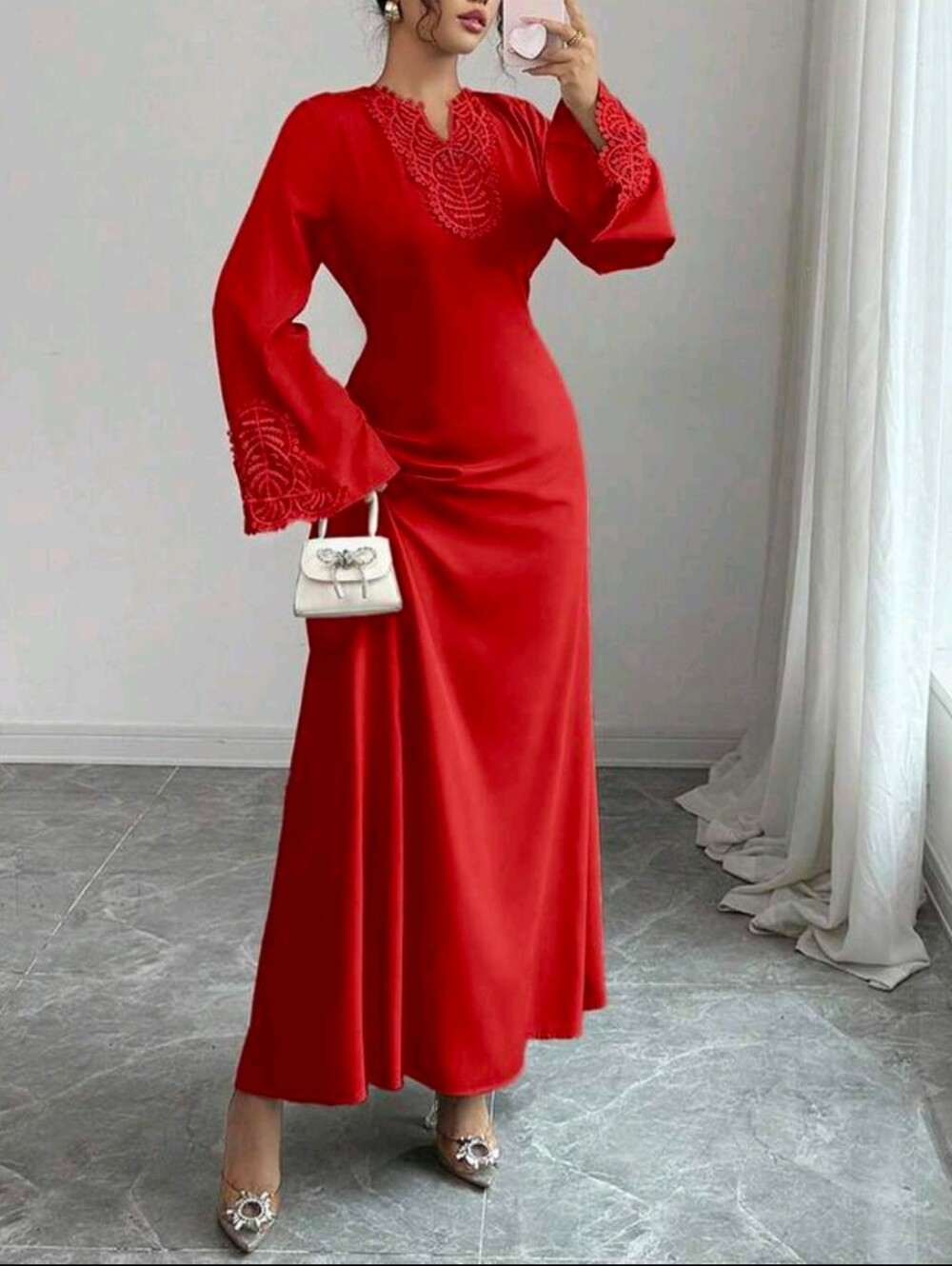Red Lace-Trim Long Sleeve Maxi Dress